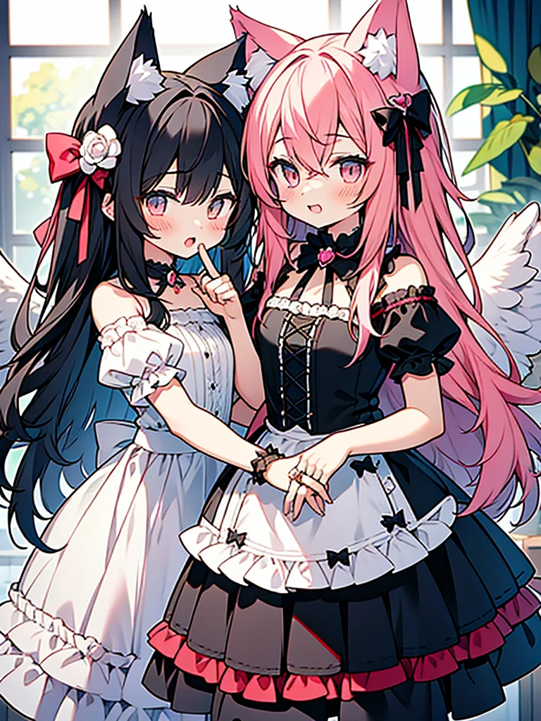 anime style,2people looks like 2girls,
1of2=cute shota with cat ears angel, long pink hair, angel ring, angel wings, white frilly dress,
///
2of2=cute shota with wolf ears fenrir, looks like a girl, long black hair, wolf tail, black frilly dress, gothic skirt,