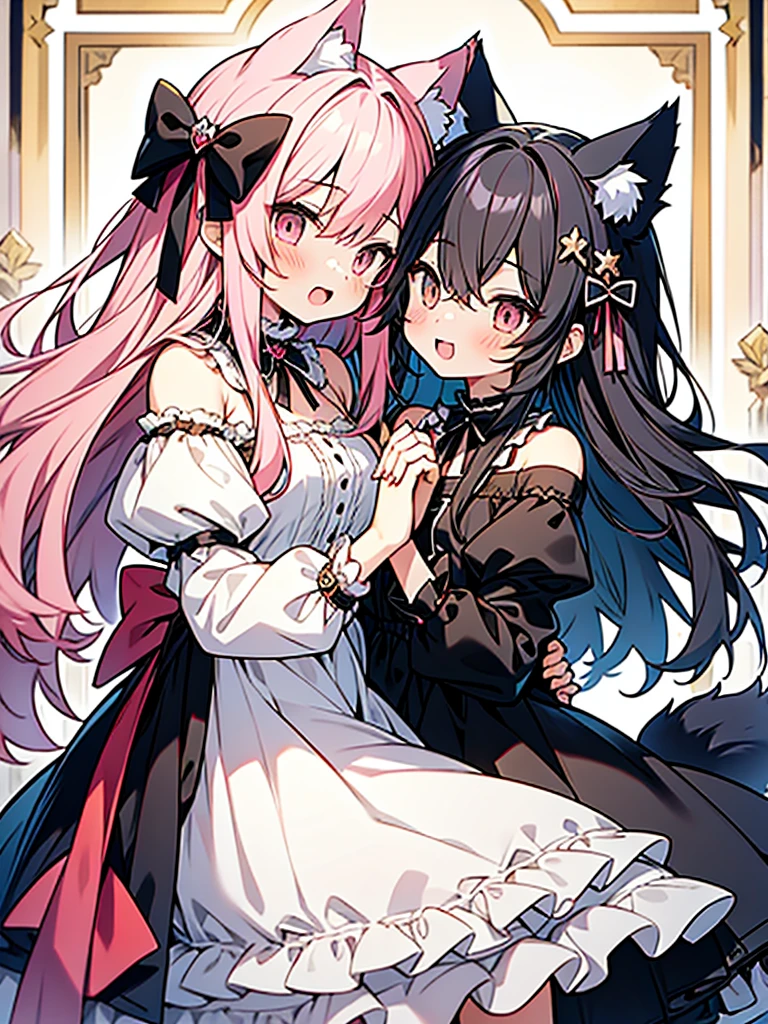 anime style,2people looks like 2girls,
1of2=cute shota with cat ears angel, long pink hair, angel ring, angel wings, white frilly dress,
///
2of2=cute shota with wolf ears fenrir, looks like a girl, long black hair, wolf tail, black frilly dress, gothic skirt,