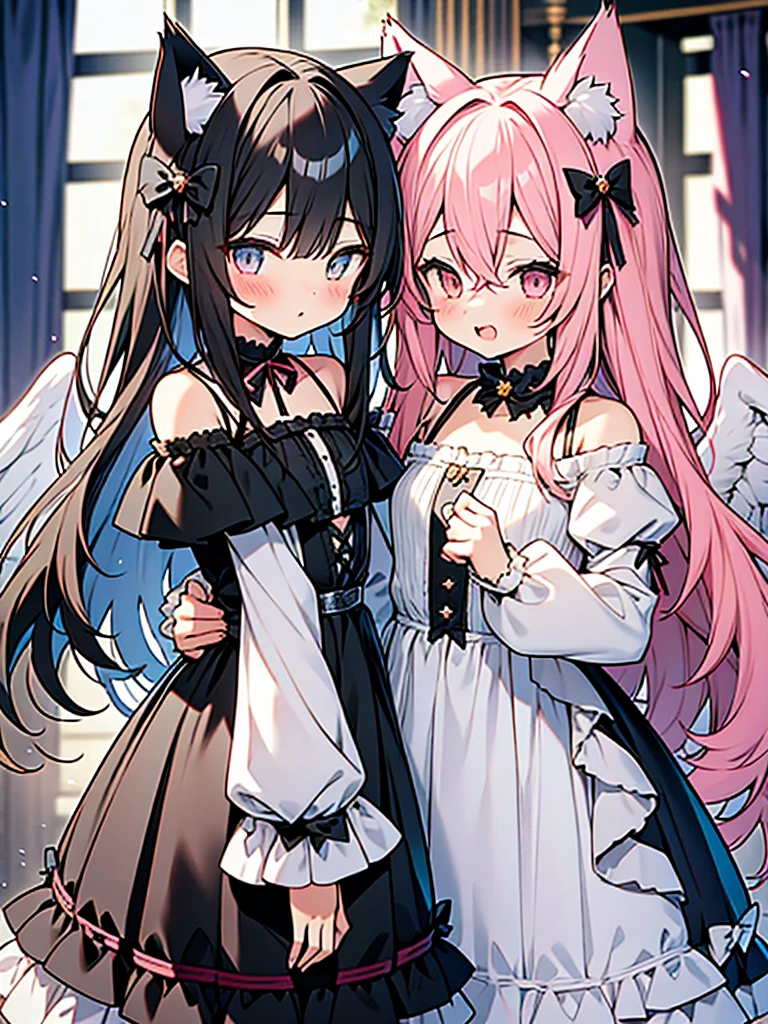 anime style,2people looks like 2girls,
1of2=cute shota with cat ears angel, long pink hair, angel ring, angel wings, white frilly dress,
///
2of2=cute shota with wolf ears fenrir, looks like a girl, long black hair, wolf tail, black frilly dress, gothic skirt,