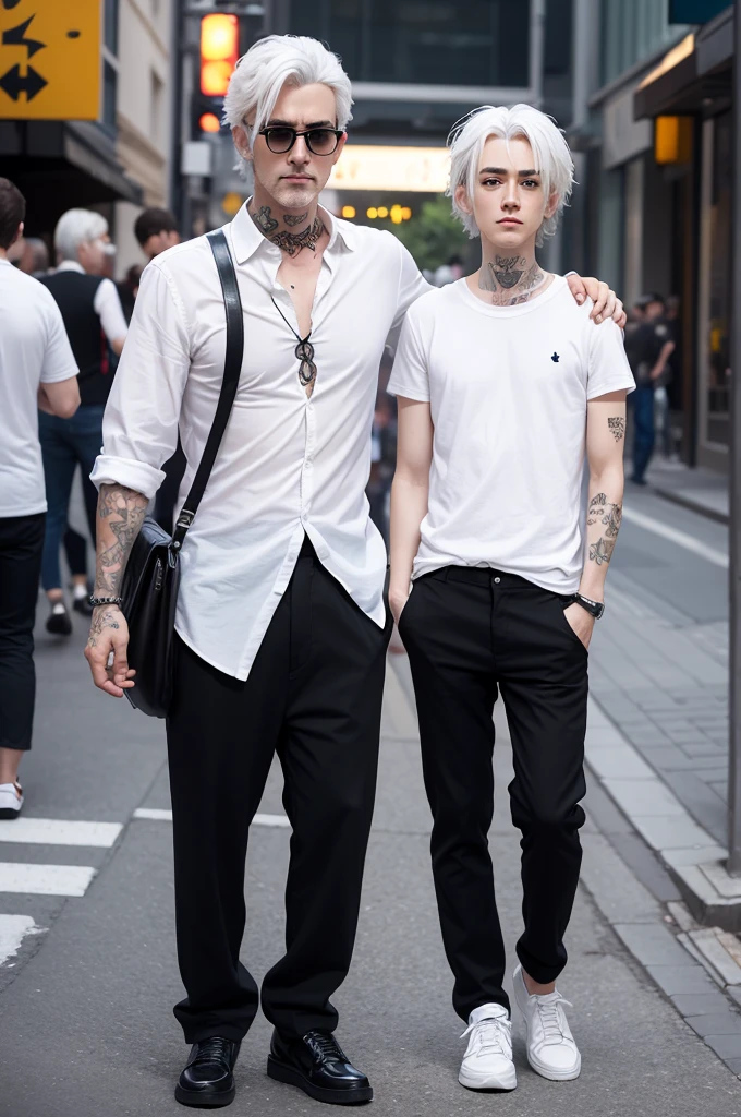 Create 34 Pixar Character . man character ,White hair ,small white base ,Eye Brown, Scrawny ,tattoo on left arm, white blouse black pants and black shoes