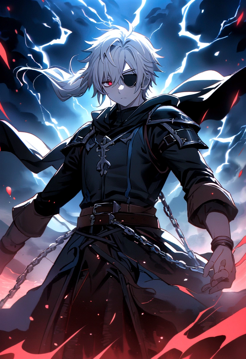 Anime character, a man, medieval era. Young man, 20 years old, large body, cold gaze, cold expression, white skin, short messy gray hair, ponytail, left eye patch, black clothes, black shirt, dark cape with hood, chains. frontal camera. Walking in a sea of blood. Three moons shining high in the sky, purple, red and blue. White electricity emanating from his body, black electricity emanating from his left hand. Right eye shining in a white ray. Thunderous white lightning. (best quality, 4k, 8k, high resolution, masterpiece: 1.2), vibrant, ultra-detailed colors, chiaroscuro lighting, dramatic pose, intricate details, fantasy, mystical, powerful