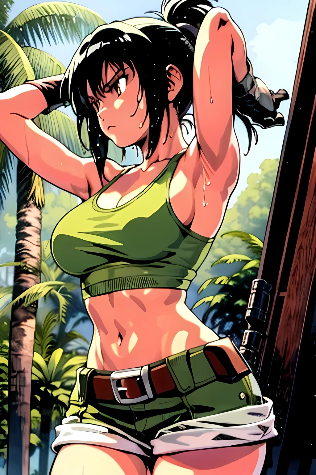 masterpiece, best quality, anime 1990s \(style\, leona heidern,  naked, white tank top, short ,jungle, pony tail, wet, serious, gloves, , sleeveless, metal slug, belt 