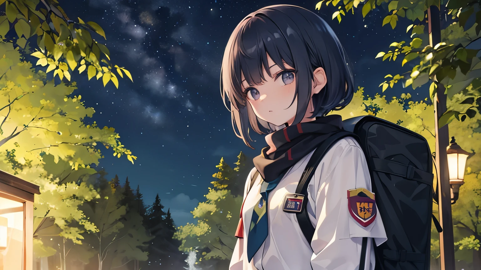 es at night y se ve Una chica de 19 años con cabello corto hasta los hombros de color ????? y ojos azules, dressed in a Boy Scout uniform. The girl is wearing an olive green shirt with badges and patches on the sleeves, a red scout scarf around the neck, And brown shorts. He is standing in a natural environment at night, surrounded by trees and vegetation, at night, with a backpack slung over one shoulder and an angry face.