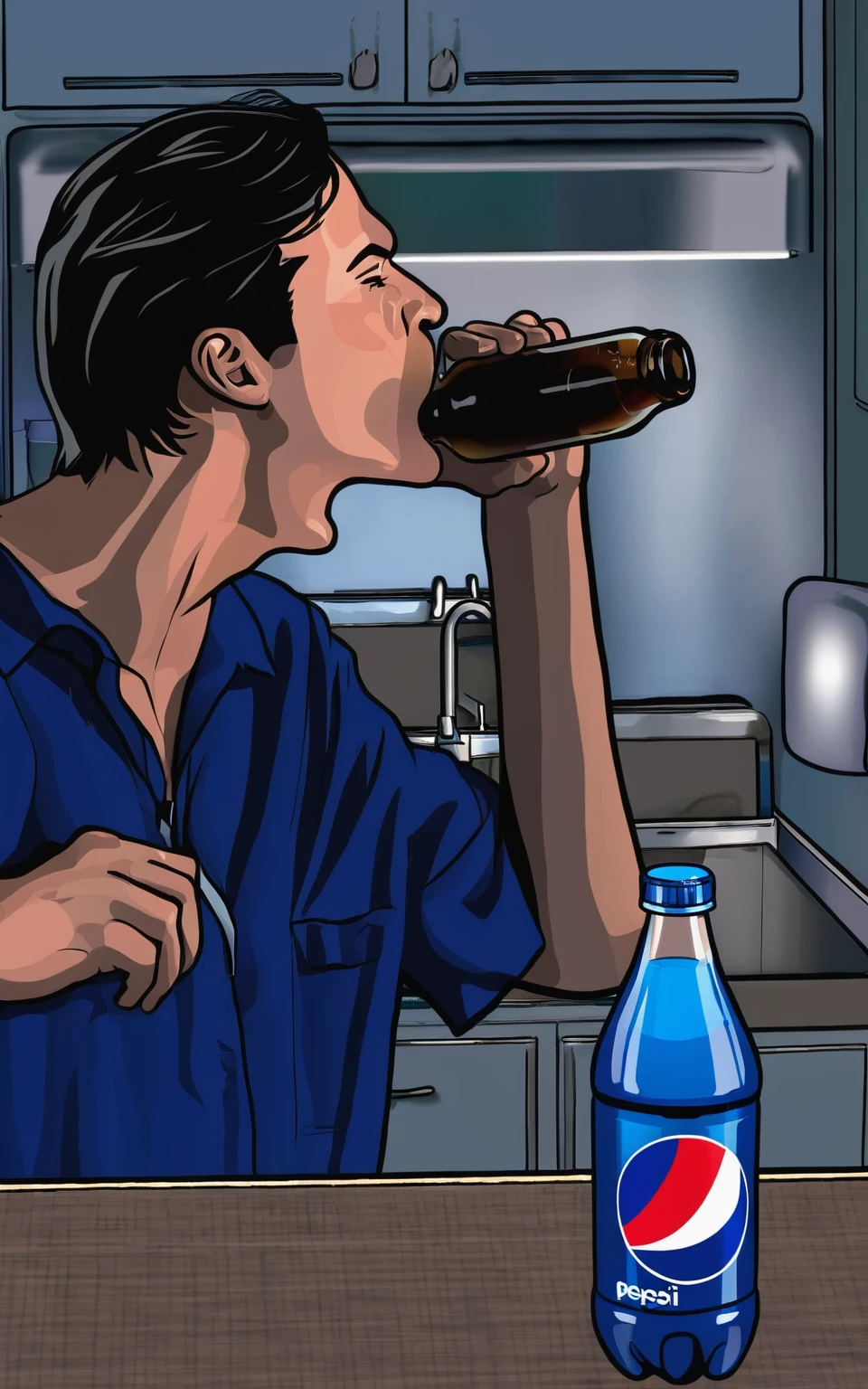 A man is drinking a bottle of Pepsi, The background is the kitchen。