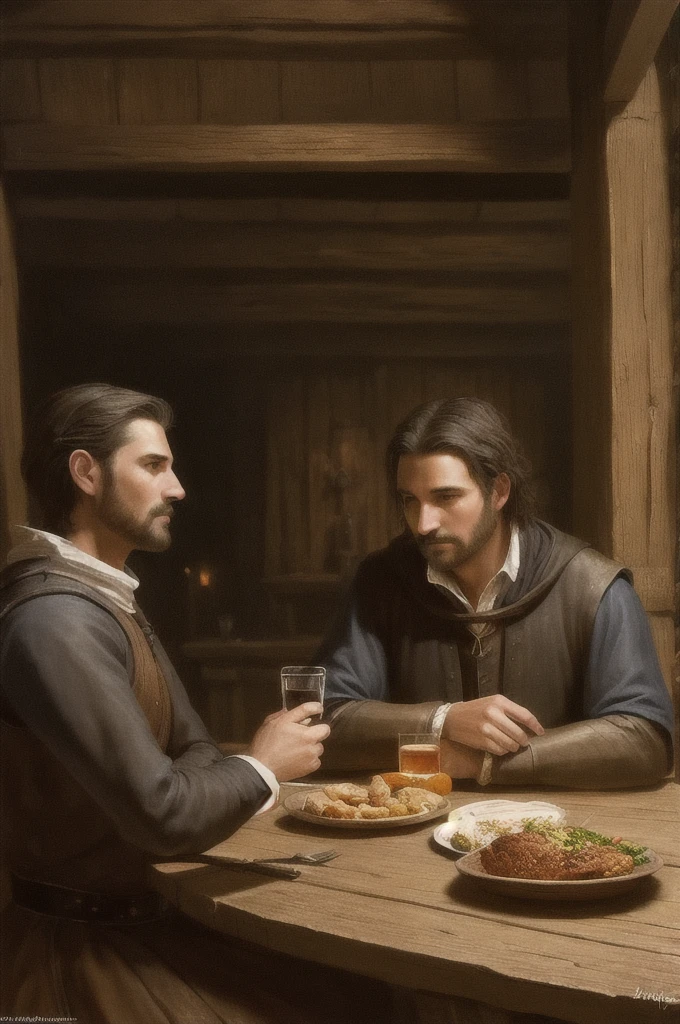 man sitting at a table in a medieval tavern, high quality, ultra detail, fantasy art, dark fantasy, oil painting, night tavern, 