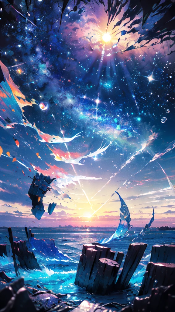 a beautiful girl in the night sky, (best quality,4k,8k,highres,masterpiece:1.2),ultra-detailed,(realistic,photorealistic,photo-realistic:1.37),1girl,starry night sky,蝶々,night,lone girl,city lights,fine bubbles,night sky,bubble,moon,watercraft,outdoors,short hair,ocean,cloud,coloured glaze