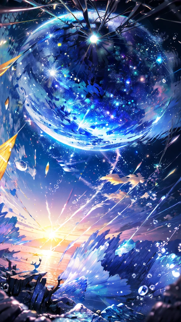 a beautiful girl in the night sky, (best quality,4k,8k,highres,masterpiece:1.2),ultra-detailed,(realistic,photorealistic,photo-realistic:1.37),1girl,starry night sky,蝶々,night,lone girl,city lights,fine bubbles,night sky,bubble,moon,watercraft,outdoors,short hair,ocean,cloud,coloured glaze