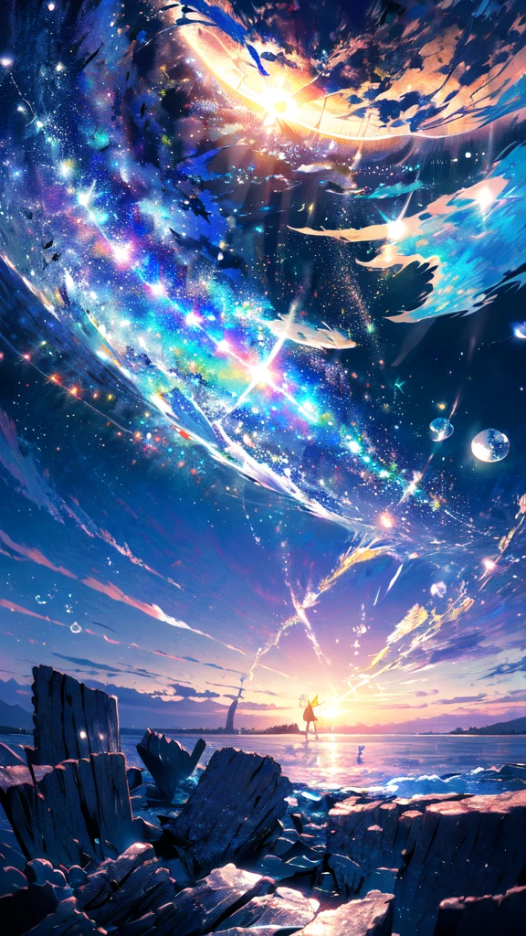 a beautiful girl in the night sky, (best quality,4k,8k,highres,masterpiece:1.2),ultra-detailed,(realistic,photorealistic,photo-realistic:1.37),1girl,starry night sky,蝶々,night,lone girl,city lights,fine bubbles,night sky,bubble,moon,watercraft,outdoors,short hair,ocean,cloud,coloured glaze