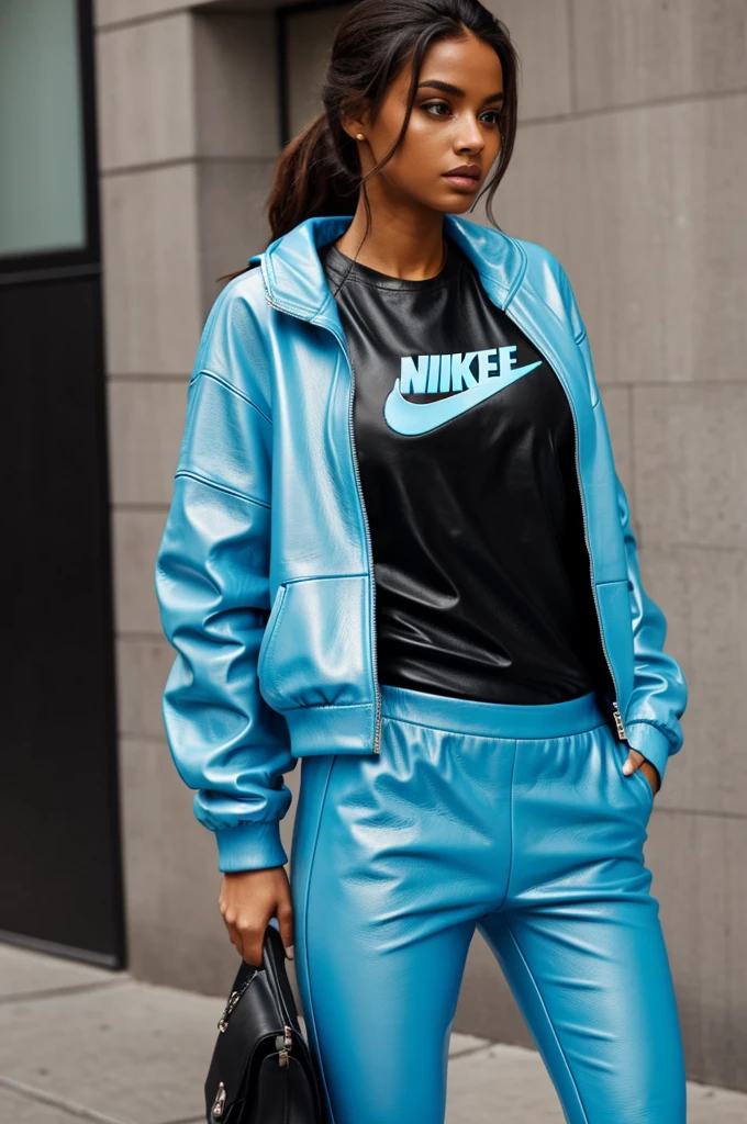 Most beautiful woman in the world with light blue Nike Air pullover and black leather pants 