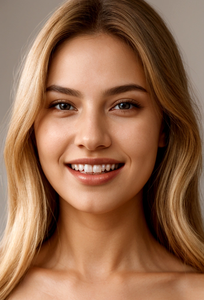 A photorealistic portrait of a young and beautiful 19-year-old woman with light blonde hair, long hair, and brown eyes, American. Epic realism, raw photo, (highly detailed skin:1.2), 8k, DSLR, soft lighting, high quality, film grain, Fujifilm XT3, ultra high resolution, photorealistic:1.4, uhd. The background is blurred to emphasize her face. Her facial features are meticulously detailed: her smooth and clear, slightly tanned skin, well-defined cheekbones, a perfectly shaped nose, a high and smooth forehead, long and thick eyelashes, well-groomed eyebrows, and soft, slightly parted lips. The lighting highlights the natural contours of her face, giving a lifelike and vibrant appearance. She exudes a captivating beauty, with a seductive and alluring expression, sticking her tongue out playfully and giving a fierce, tigress-like look. This dynamic pose makes her appear as a stunning and confident 19-year-old OnlyFans model, radiating sexiness and charisma. She looks very young and shows a full set of beautifully crafted, perfectly aligned teeth, not just the front two, emphasizing her radiant smile and enhancing her overall attractiveness. The teeth are meticulously detailed, with a natural, pearly white shine, showcasing their perfect alignment and pristine condition, similar to professional dental advertisements.