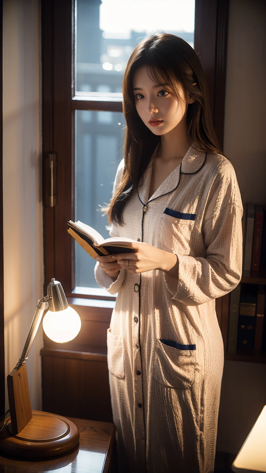 Best quality，masterpiece，16K，A girl，Wear pajamas，靠在Book架旁，Film quality，Book，desk lamp，Luminescence，Multiple light sources，High light-dark contrast，night