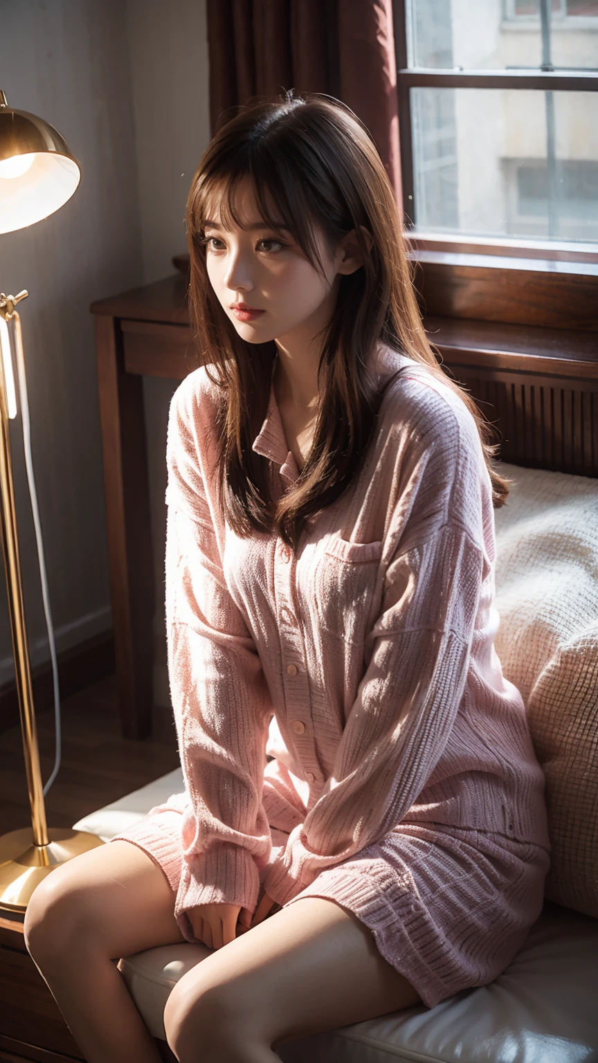 Best quality，masterpiece，16K，A girl，Wear pajamas，靠在Book架旁，Film quality，Book，desk lamp，Luminescence，Multiple light sources，High light-dark contrast，night