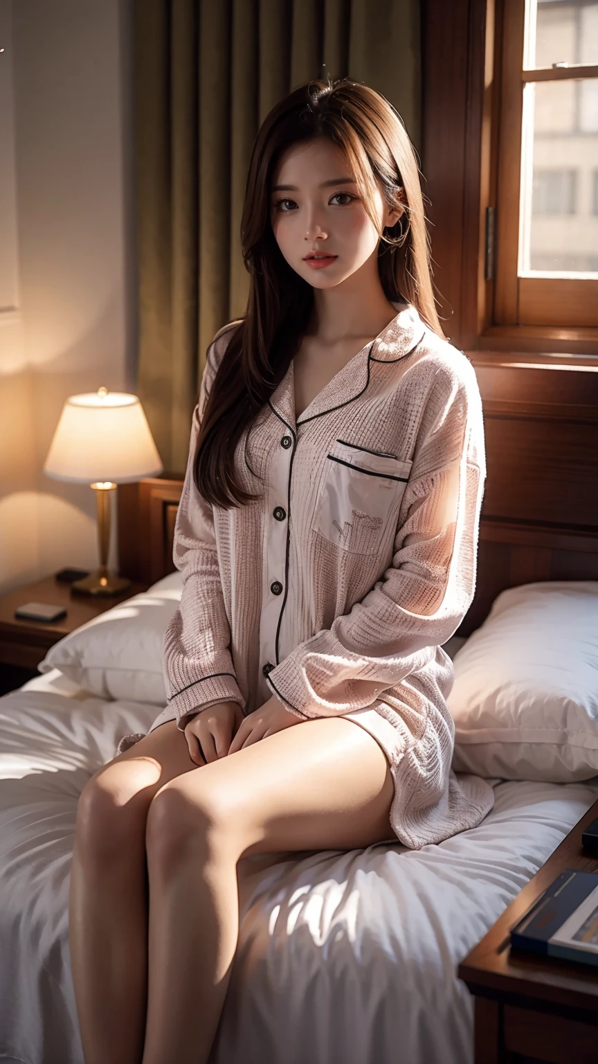 Best quality,masterpiece,16K,A girl,Wear pajamas,靠在Book架旁,Film quality,Book,desk lamp,Luminescence,Multiple light sources,High light-dark contrast,night
