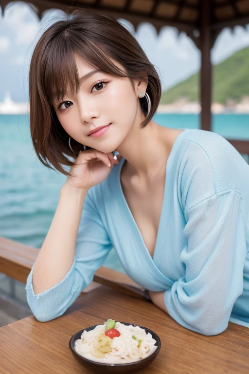 masterpiece:1.3), (8K, Realistic, RAW Photos, Best image quality: 1.4), Japanese women、(Random Hairstyles:1.2)、Highly detailed face、Attention to detail、double eyelid、Beautiful woman:1.4、Light brown hair、Highest quality、masterpiece、Ultra-high resolution、(Realistic:1.4)、Detailed and professionally lit smiles、Loose、thin、Shorthair、Deadly position、During meals、Full body image、Ocean、