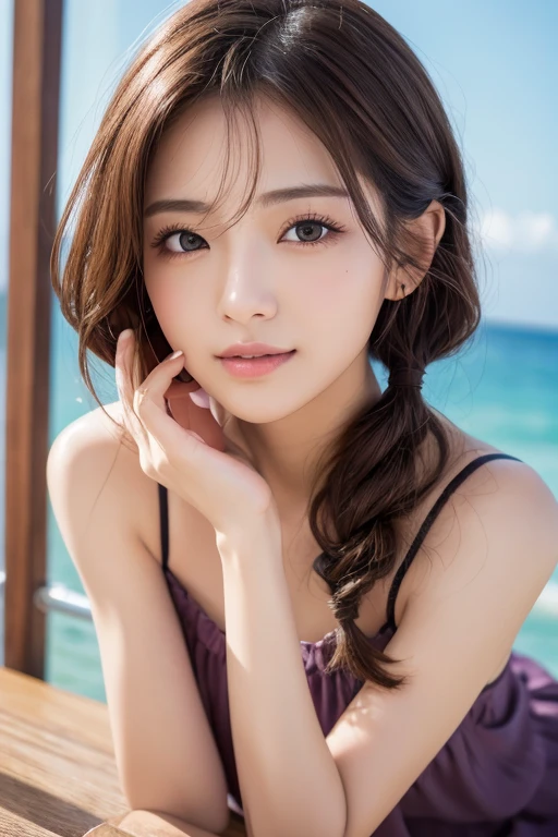 masterpiece:1.3), (8K, Realistic, RAW Photos, Best image quality: 1.4), Japanese women、(Random Hairstyles:1.2)、Highly detailed face、Attention to detail、double eyelid、Beautiful woman:1.4、Light brown hair、Highest quality、masterpiece、Ultra-high resolution、(Realistic:1.4)、Detailed and professionally lit smiles、Loose、thin、Shorthair、Deadly position、During meals、Full body image、Ocean、