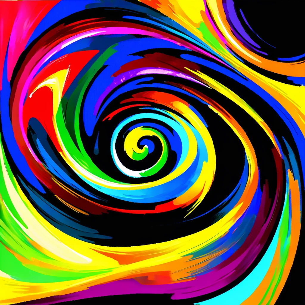 abstract painting of a colorful swirl with a black background, vibrant digital painting, in style of digital painting, inspired by Alexander Archipenko, in style of digital illustration, spiritual abstract forms, orphism style, twisted turn of fate abstraction, digital art. colorful comic, multicolored vector art, contemporary digital art, colorful digital painting, vibrant digital art