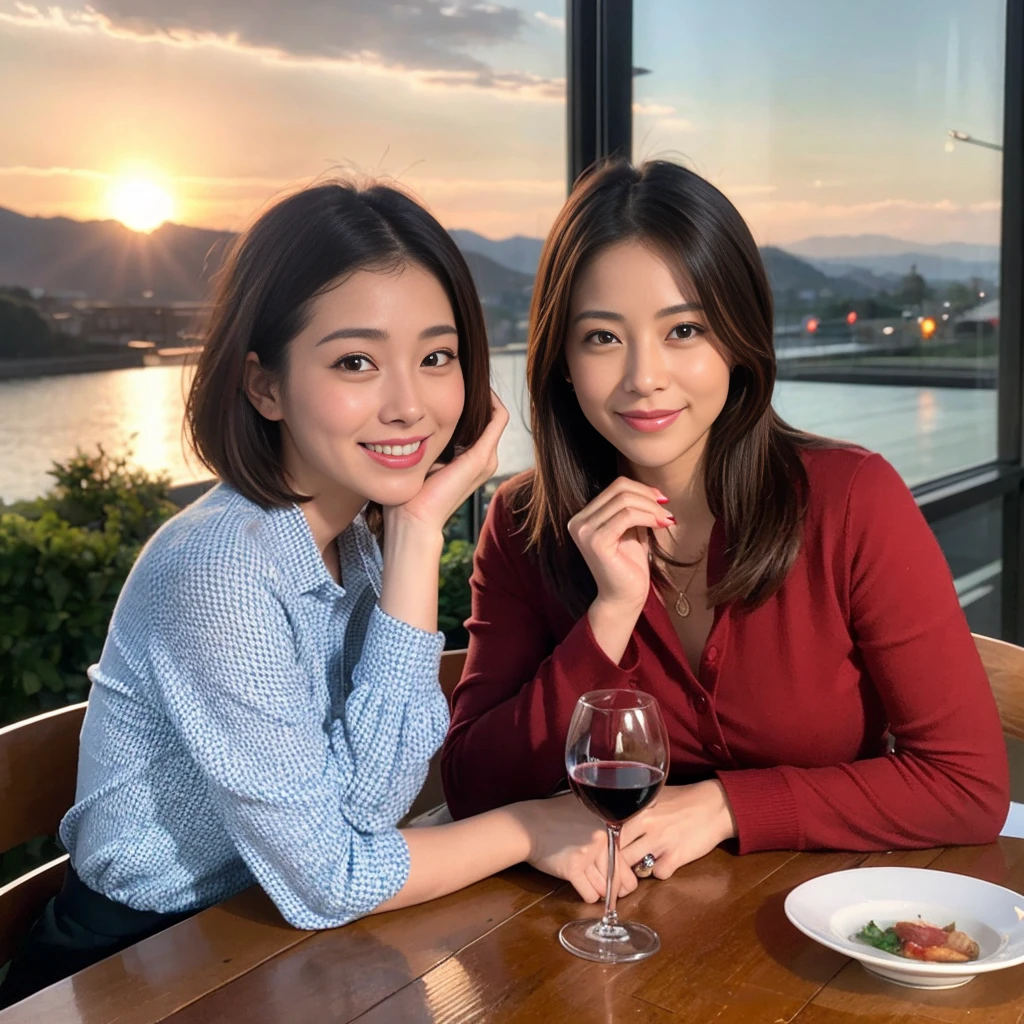 ((Highest quality、8K、masterpiece:1.3))、 (Ultra-realistic、 Genuine、Bright image、Intricate details:1.2), 最高のsmile、1 male 1 female、Beautiful couple、Satomi Ishihara、Slim lovers、Kind woman、actress couple、smile、Full-course dinner at a packed table、 (Slim face), (the body is slim), (Brown Hair), (short hair), テーブルのwine glass、Please shine a light on my face、 Amazing view of the sunset sky and clouds、35 years old 39 years old, red wine 、Appetizers、Wine bottle、sparkling wine、Long sleeve shirt、dress、White wine, red wine, wine glass,