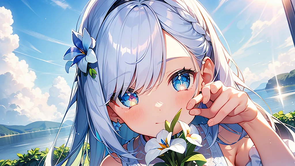 Best quality、Photorealistic、Ultra-detailed、delicate、Orderly、High Detail、Bluish Silver Short Bob、(Drooping heterochromia iris,glowing eyes、Sparkling Eyes:1.3)、slender、(One girl:1.2)、(sun、noon、A sky filled with cumulonimbus clouds、blue sky、morning glory flower、Bursting light:1.3)、Ambient Occlusion、Ambient Light、Ray-traced Reflections、Glow、Shiny Hair、