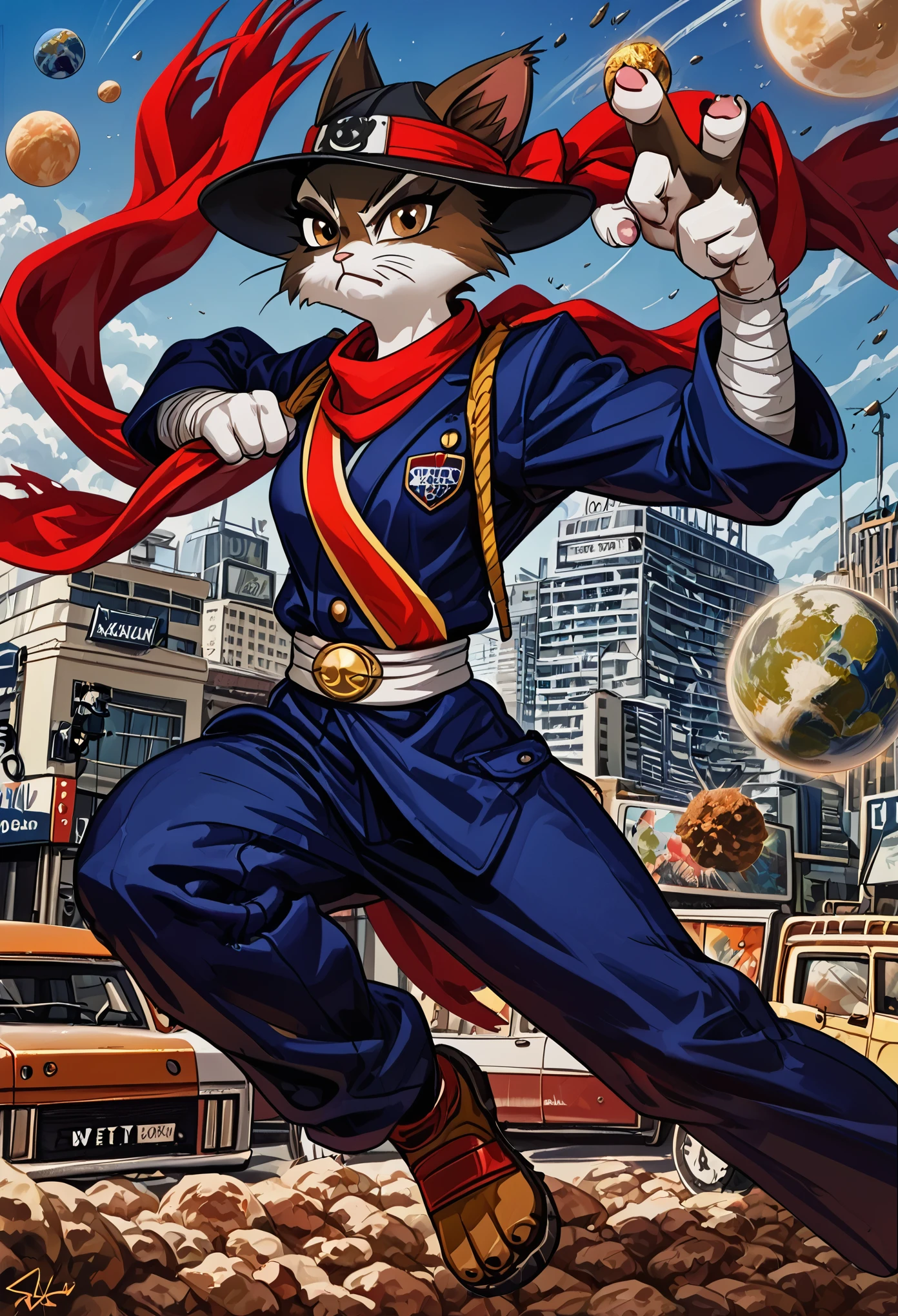 a painting of a cat wearing a hat and scarf, trending in the art station, dressed in punk clothes, detailed hyper realistic rendering, british gang member, street style, intimidating pose, planet of the cats, clothes with fashion, urban samurai, meow, west slavic features, 8 1 5