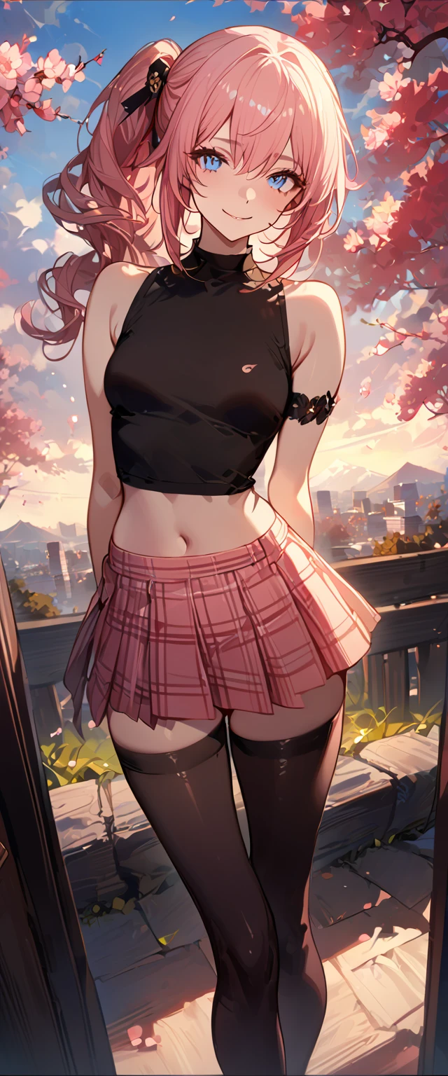 masterpiece, best quality, 8k, 4k, 1girl, (masterpiece, best quality:1.2), 1girl, serah farron, smile, looking at viewer, arms behind back, blue eyes, long curly side ponytail to the waist, black diamond-shaped armband, red plaid-pleated short skirt, black lace, plain white sleeveless T-shirt, midriff, transparent sleeveless pink jacket, black thigh-high stockings, ivory ankle boots, finely detailed eyes and detailed face, face detailed, hair detailed, clothes detailed, ((high quality)), extreme detail, Sakura tree, sakura field, inspired by Asukaziye artist : ask, art style : ask