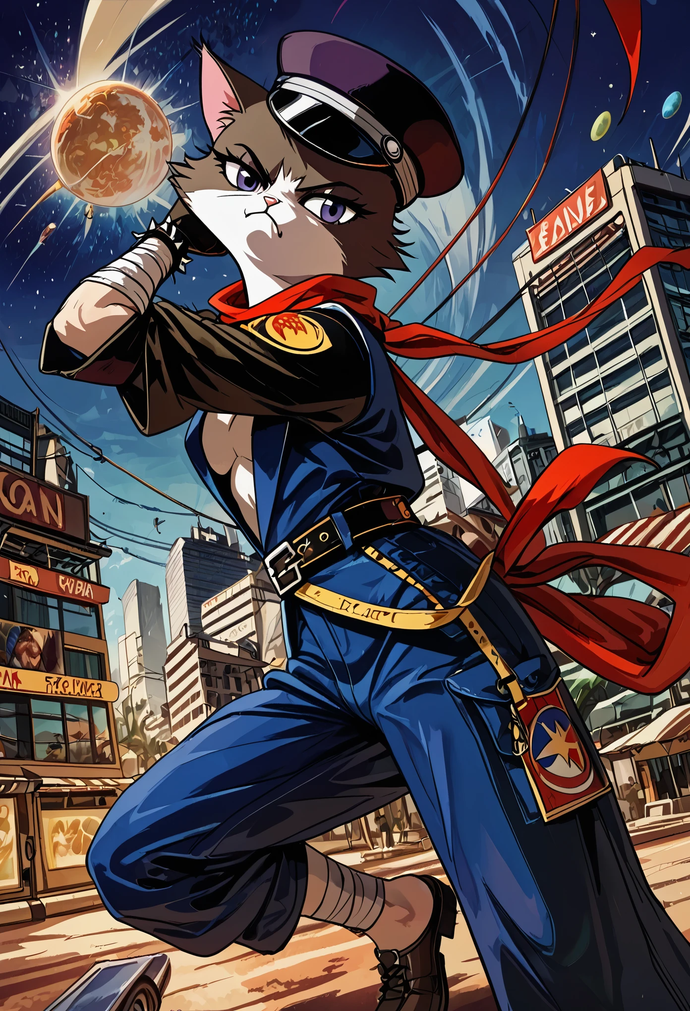 a painting of a cat wearing a hat and scarf, trending in the art station, dressed in punk clothes, detailed hyper realistic rendering, british gang member, street style, intimidating pose, planet of the cats, clothes with fashion, urban samurai, meow, west slavic features, 8 1 5