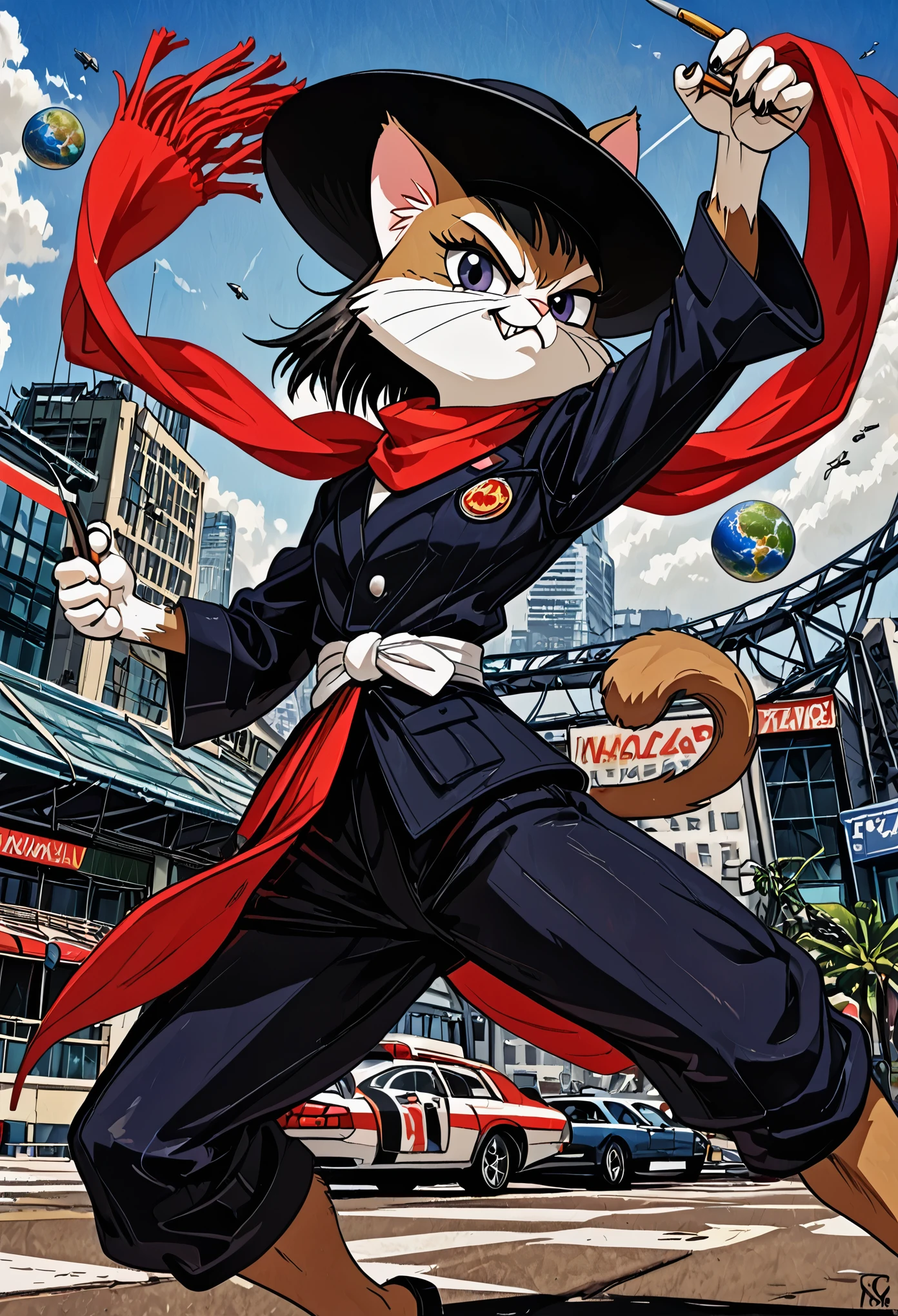 a painting of a cat wearing a hat and scarf, trending in the art station, dressed in punk clothes, detailed hyper realistic rendering, british gang member, street style, intimidating pose, planet of the cats, clothes with fashion, urban samurai, meow, west slavic features, 8 1 5
