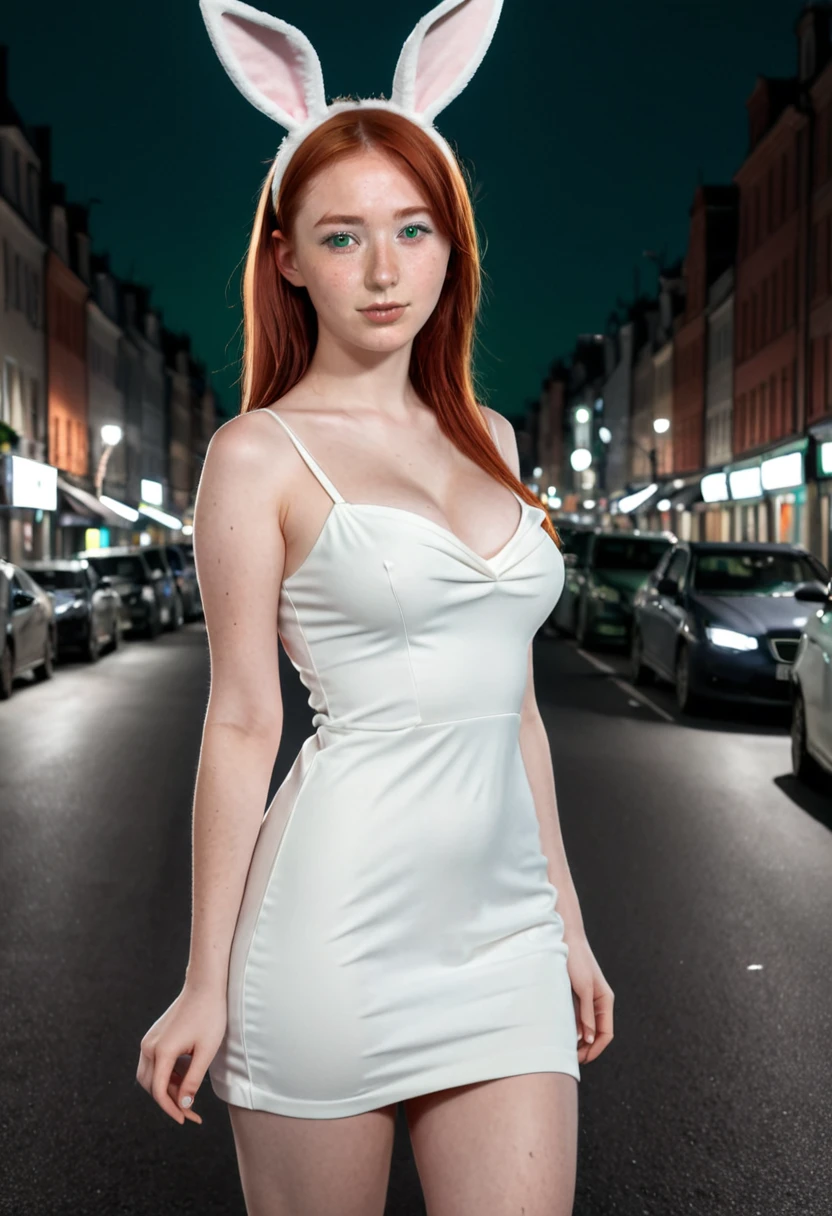 high quality instagram photo, full body of a Scandinavian girl, 20 years old, red hair, sexy, green eyes, freckles, cute face, (large breasts), big ass in a very hot tight white dress, detailed bunny ears, night street, standing