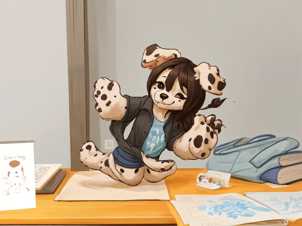 a anthropomorphic, black spots and white fur female dog, she has dark brown hair, she's dressed with a blue colored shirt, closed smile, chibi style, high quality furry art.