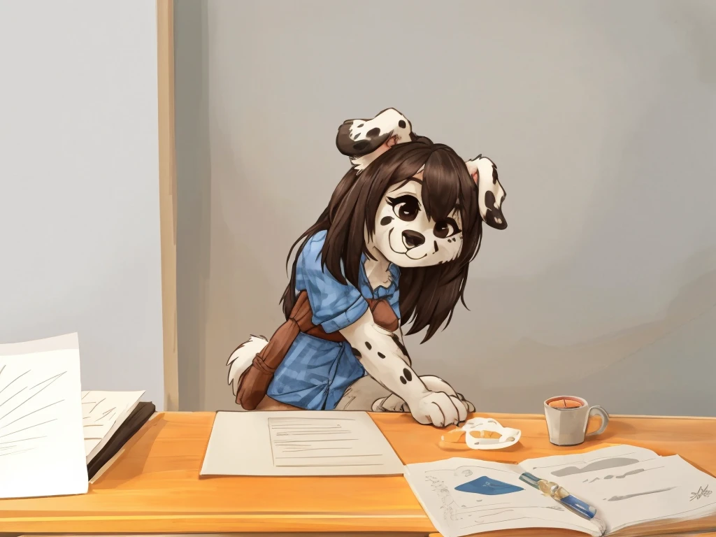 a anthropomorphic, black spots and white fur female dog, she has dark brown hair, she's dressed with a blue colored shirt, closed smile, chibi style, high quality furry art.