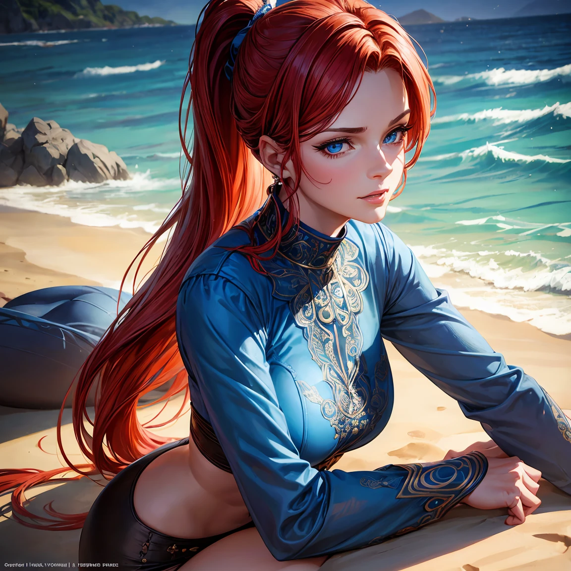 Old woman, 1girl, redhead ponytail hair, breasts, blue eyes, happy face, sexy blue tunic, lying on the sand, beach, incredibly sexy body, detailed face, beautiful detailed eyes, beautiful detailed lips, extremely detailed eyes and face, long eyelashes, intricate details, highly detailed, photo realistic, 8k, best quality, masterpiece, cinematic lighting, dramatic lighting, vibrant colors, fantasy, digital art, concept art