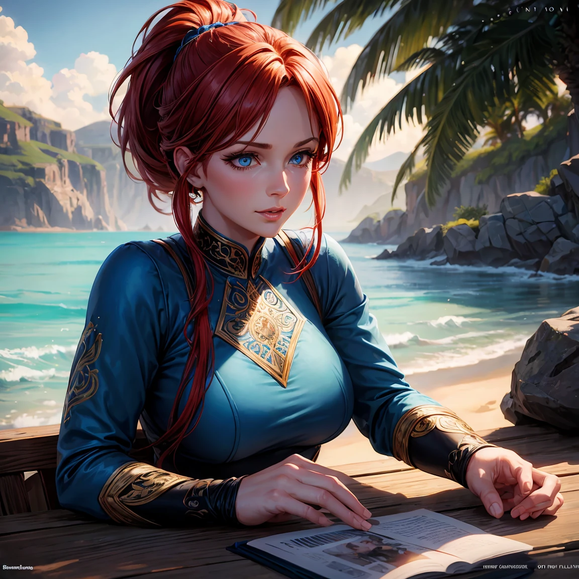 mature woman in his fifties, 1girl, redhead ponytail hair, breasts, blue eyes, happy face, sexy blue tunic, sitting on the sand, beach, incredibly sexy body, detailed face, beautiful detailed eyes, beautiful detailed lips, extremely detailed eyes and face, long eyelashes, intricate details, highly detailed, photo realistic, 8k, best quality, masterpiece, cinematic lighting, dramatic lighting, vibrant colors, fantasy, digital art, concept art