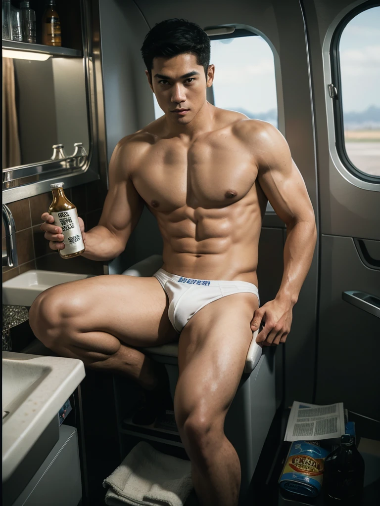 A handsome muscular Filipino man ,no shirt,wearing bikini Men's underwear sitting on the toilet in a very small, cramped airplane bathroom, he is wearing an airline captains uniform and smoking a cigarette, there is an open newspaper resting on his legs, beer bottles are sitting on every surface including the narrow counter next to the sink, His right hand is holding a beer bottle.In the artistic style of Norman Rockwell.