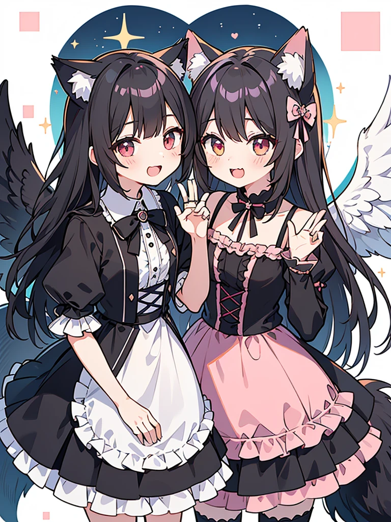 Bishojo anime style, two people, chatting, having fun, laughing, cute, waving and thanking each other for the end of the broadcast,
(1st person is a cute shota with cat ears angel, long pink hair, angel ring, angel wings, white frilly dress) / (2nd person is a cute shota with wolf ears fenrir, looks like a girl, long black hair, wolf tail, black frilly dress, gothic skirt), draw 2 different figures!