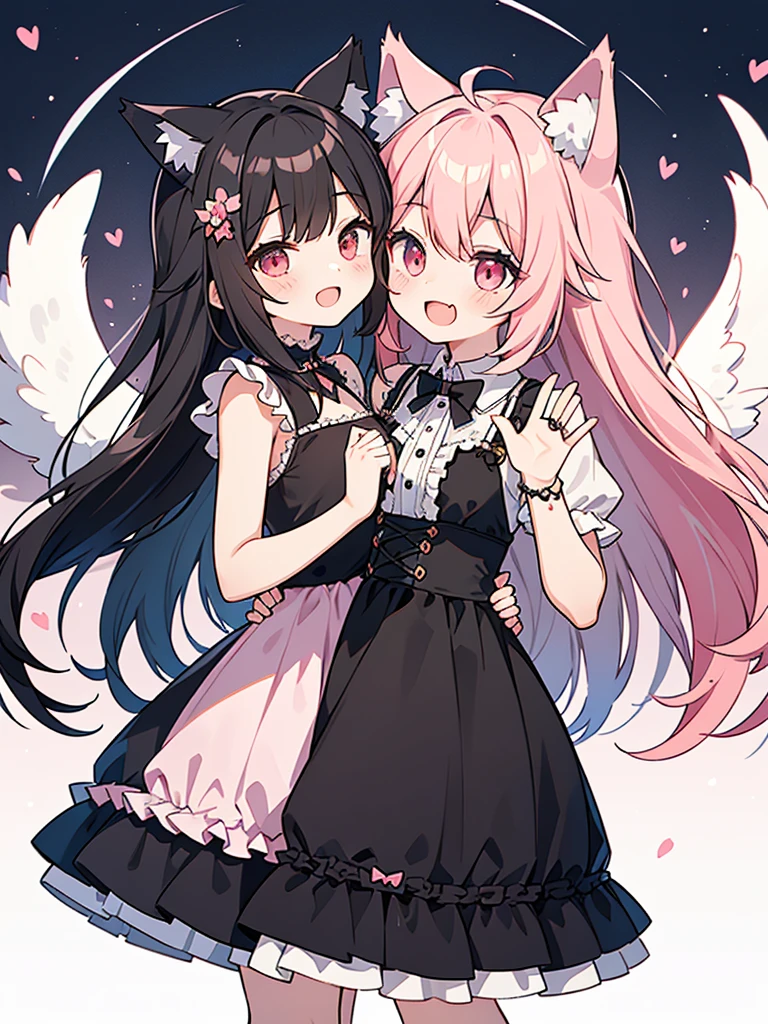 Bishojo anime style, two people, chatting, having fun, laughing, cute, waving and thanking each other for the end of the broadcast,
(1st person is a cute shota with cat ears angel, long pink hair, angel ring, angel wings, white frilly dress) / (2nd person is a cute shota with wolf ears fenrir, looks like a girl, long black hair, wolf tail, black frilly dress, gothic skirt), draw 2 different figures!