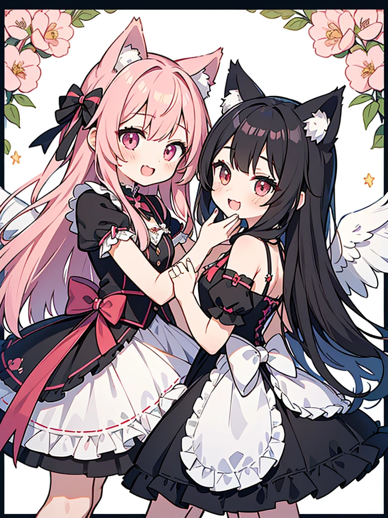 Bishojo anime style, two people, chatting, having fun, laughing, cute, waving and thanking each other for the end of the broadcast,
(1st person is a cute shota with cat ears angel, long pink hair, angel ring, angel wings, white frilly dress) / (2nd person is a cute shota with wolf ears fenrir, looks like a girl, long black hair, wolf tail, black frilly dress, gothic skirt), draw 2 different figures!