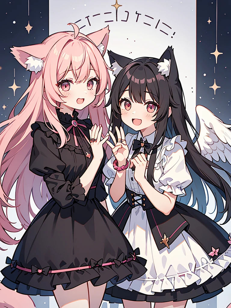 anime style,Occult magazine cover style,book title is "END OF THE WORLD",2people looks like 2girls,
1of2=cute shota with cat ears angel, long pink hair, angel ring, angel wings, white frilly dress,
///
2of2=cute shota with wolf ears fenrir, looks like a girl, long black hair, wolf tail, black frilly dress, gothic skirt,