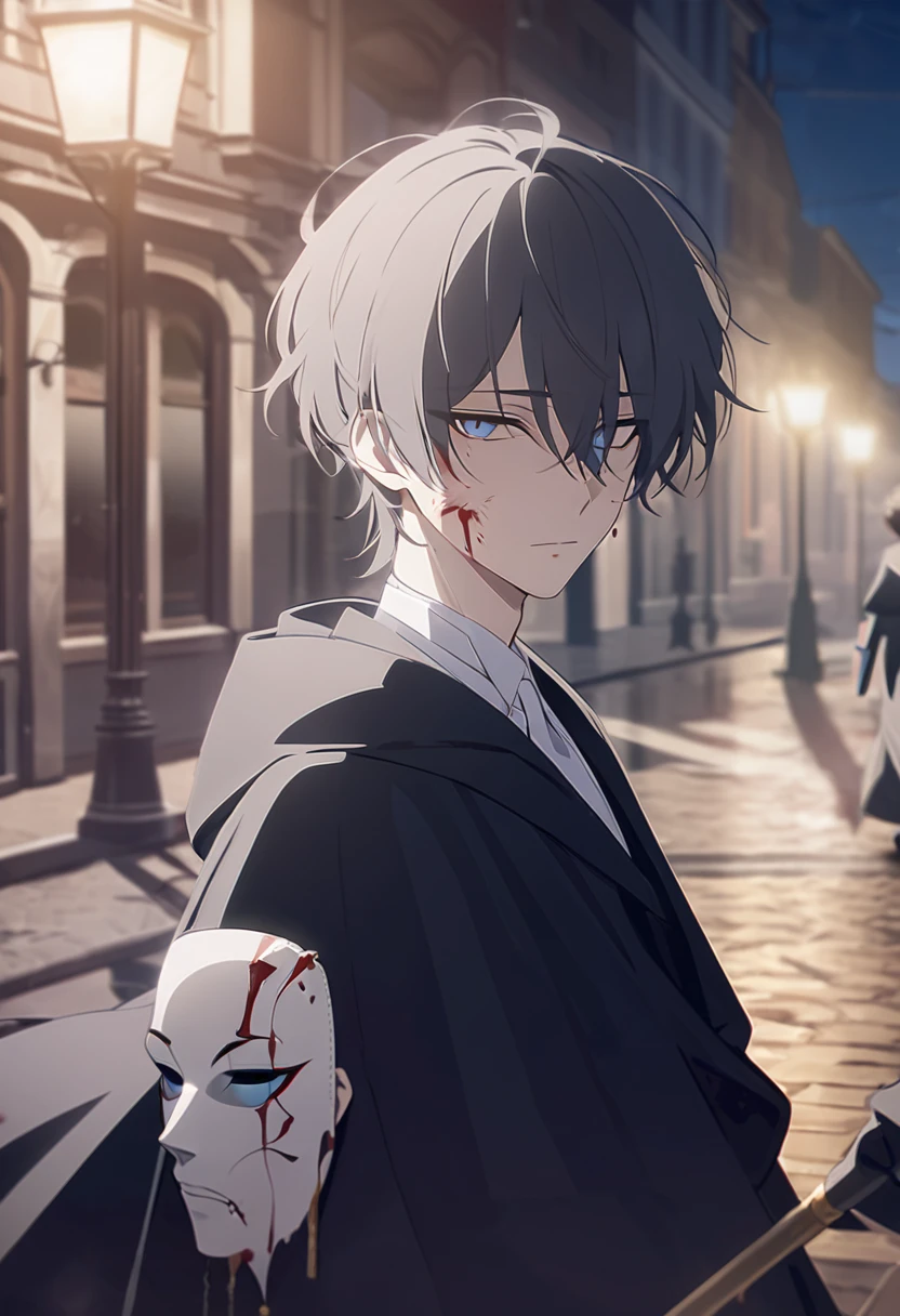 masterpiece,best quality,depth of field,8K,looking at the viewer,dark gray hair,blue eyes,man,close,Street lamp,Black robe,stylish cane,expressionless,male,(charismatic eyes 1;1),wseifuku,chic,blood on cheek,holding a white mask