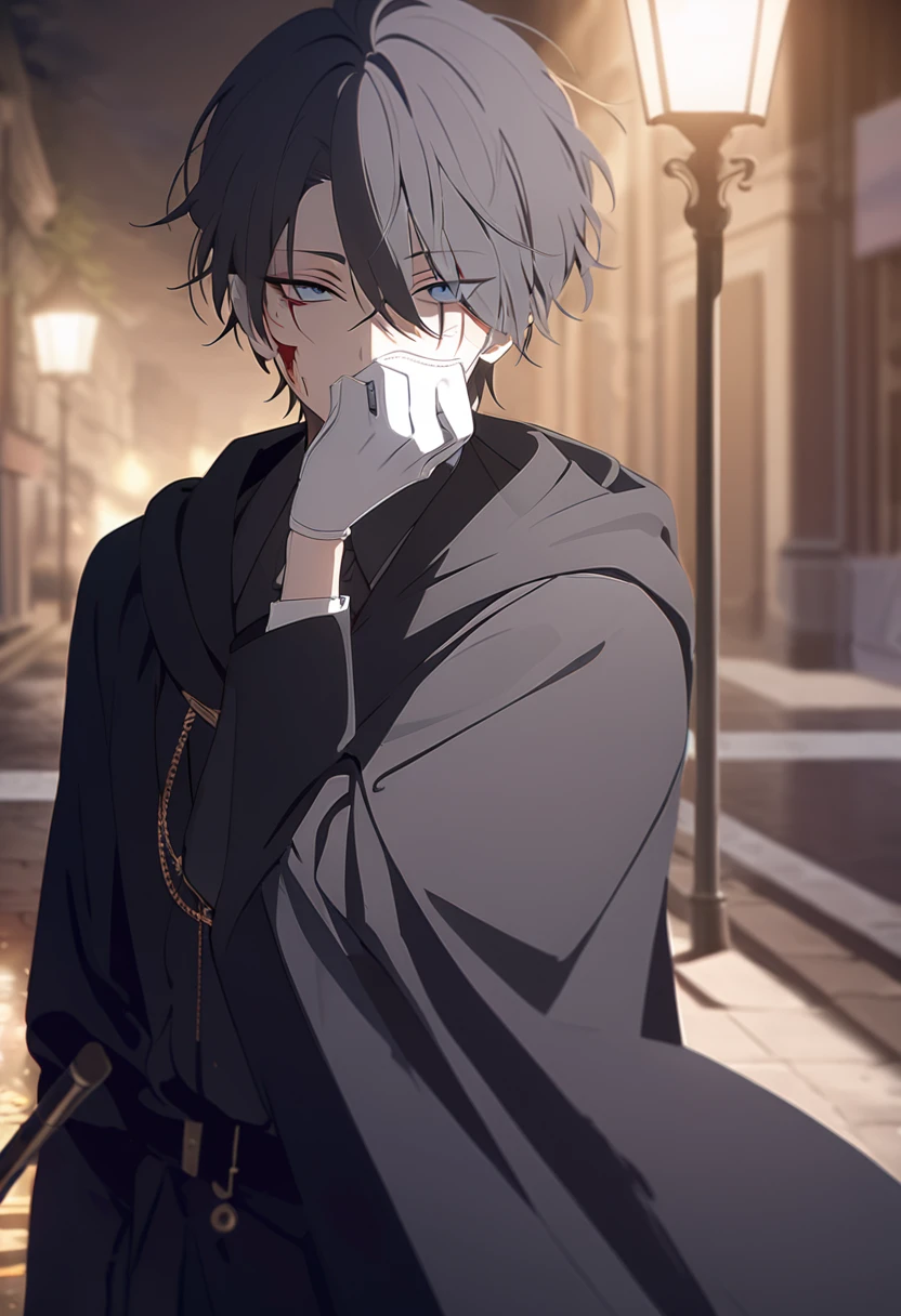 masterpiece,best quality,depth of field,8K,looking at the viewer,dark gray hair,blue eyes,man,close,Street lamp,Black robe,stylish cane,expressionless,male,(charismatic eyes 1;1),wseifuku,chic,blood on cheek,holding a white mask 