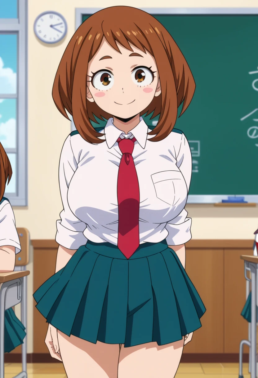 score_6_up, best quality, anime screencap, 1girl, ochako uraraka, skirt, white shirt, red tie, standing, school, big breasts, smile, from front, looking at viewer