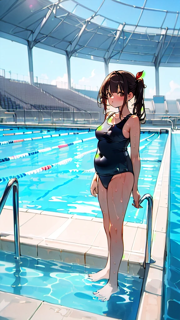 ((masterpiece,Highest quality)),Two Girls, Swimsuit, High leg,, Black Hair, Poolside, Day, Swimming Stadium, ,Tie-up hair, View your viewers, Recall, Multiple Girls, heart, Outdoor, Brown Hair, ribbon, barefoot,  stage, Are standing, Soaking wet, glamorous、Plump