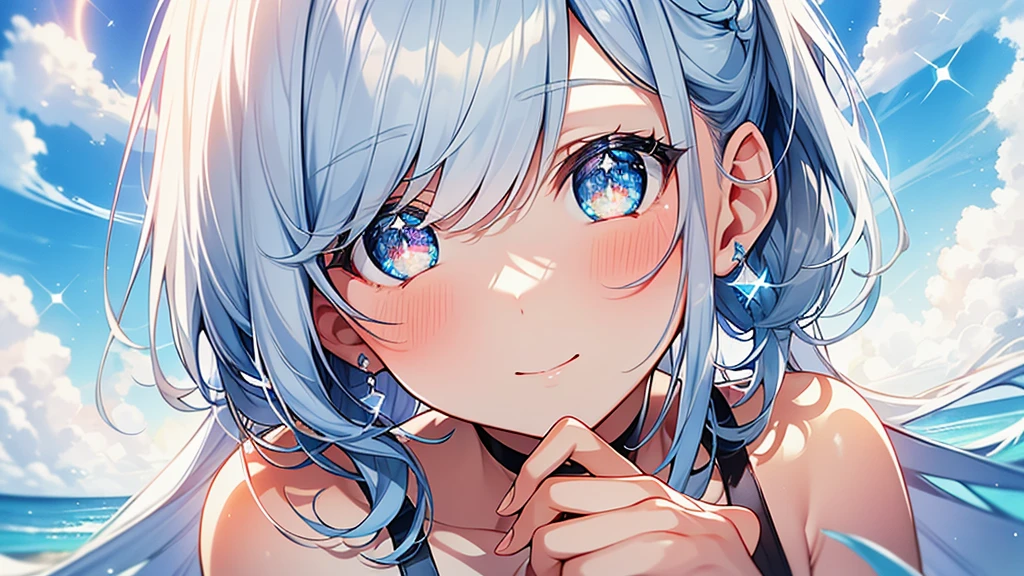 Best quality、Photorealistic、Ultra-detailed、delicate、Orderly、High Detail、Bluish Silver Short Bob、(Drooping heterochromia iris,glowing eyes、Sparkling Eyes:1.3)、slender、(One girl:1.2)、(sun、noon、A sky filled with cumulonimbus clouds、blue sky、morning glory、Bursting light:1.3)、Ambient Occlusion、Ambient Light、Ray-traced Reflections、Glow、Shiny Hair、