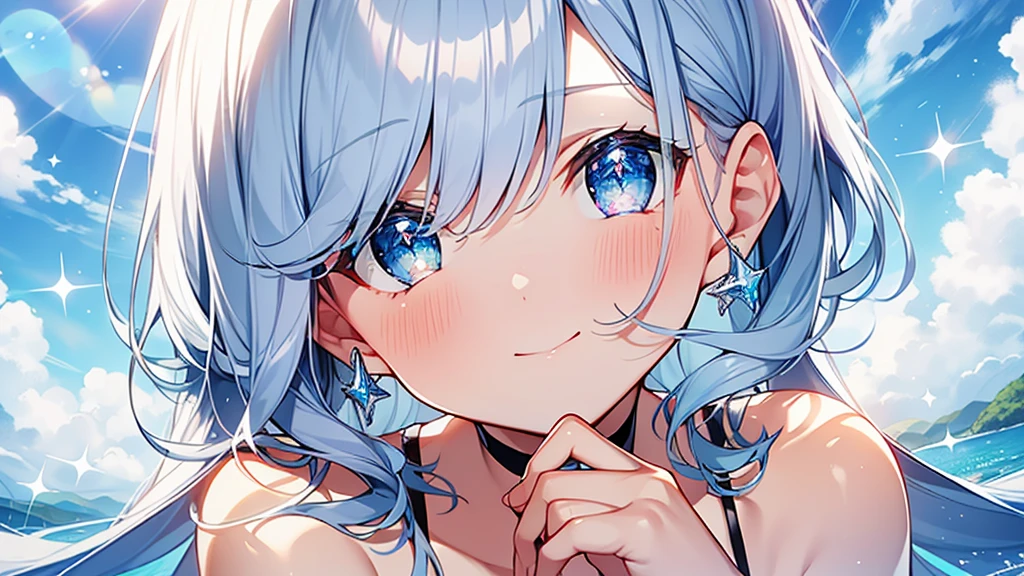 Best quality、Photorealistic、Ultra-detailed、delicate、Orderly、High Detail、Bluish Silver Short Bob、(Drooping heterochromia iris,glowing eyes、Sparkling Eyes:1.3)、slender、(One girl:1.2)、(sun、noon、A sky filled with cumulonimbus clouds、blue sky、morning glory、Bursting light:1.3)、Ambient Occlusion、Ambient Light、Ray-traced Reflections、Glow、Shiny Hair、
