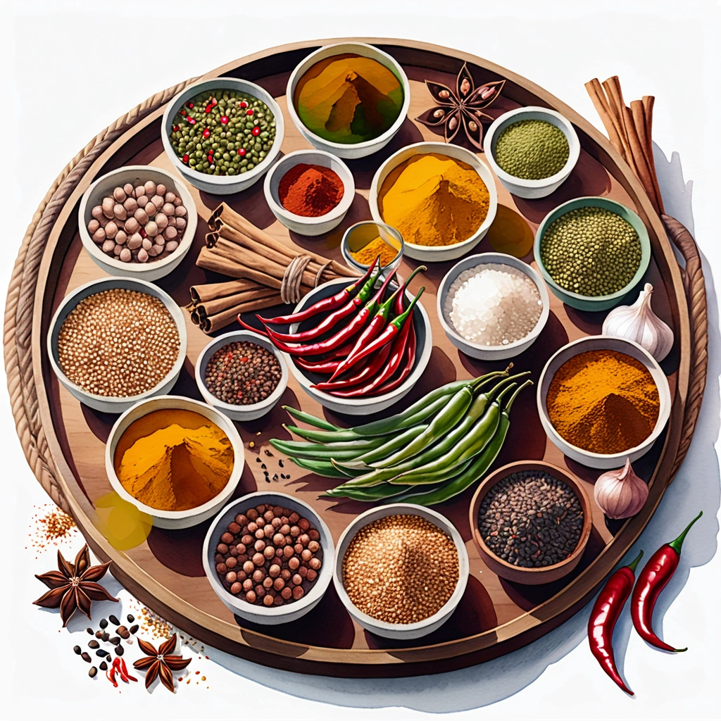 (masterpiece)), ((best quality:1.2)), ((watercolor)), ((vibrant color))), ((minimalist)), surrounded with ((negative space)), ((solid white background)), a wooden tray full of a lot of spices in many different type of container and small jar, cooking spices, turmeric, galangal, red chilies, green chilies, shallots, coriander, lemongrass, cloves, tamarind, garlic, whole grains, green beans, ginger, salt,,((no Clipping)), ((no shadow clipping)), ((no object clipping)), (((solid white background))), very subtle shadow, (perspective view),