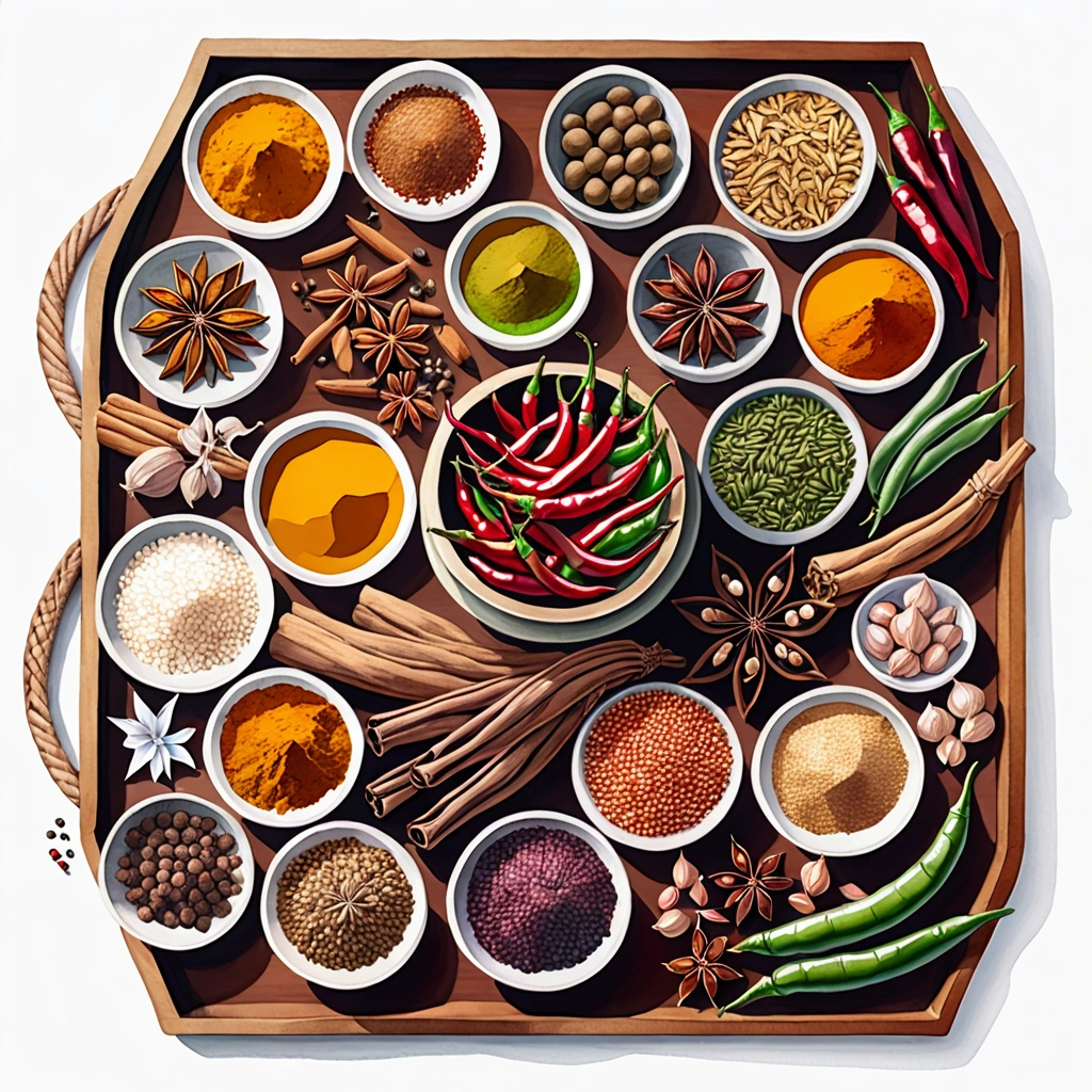 (masterpiece)), ((best quality:1.2)), ((watercolor)), ((vibrant color))), ((minimalist)), surrounded with ((negative space)), ((solid white background)), a wooden tray full of a lot of spices in many different type of container and small jar, cooking spices, turmeric, galangal, red chilies, green chilies, shallots, coriander, lemongrass, cloves, tamarind, garlic, whole grains, green beans, ginger, salt,,((no Clipping)), ((no shadow clipping)), ((no object clipping)), (((solid white background))), very subtle shadow, (perspective view),