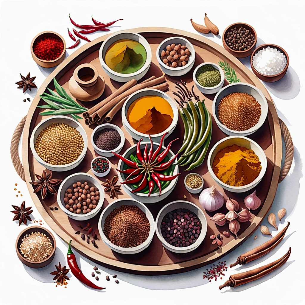 (masterpiece)), ((best quality:1.2)), ((watercolor)), ((vibrant color))), ((minimalist)), surrounded with ((negative space)), ((solid white background)), a wooden tray full of a lot of spices in many different type of container and small jar, cooking spices, turmeric, galangal, red chilies, green chilies, shallots, coriander, lemongrass, cloves, tamarind, garlic, whole grains, green beans, ginger, salt,,((no Clipping)), ((no shadow clipping)), ((no object clipping)), (((solid white background))), very subtle shadow, (perspective view),