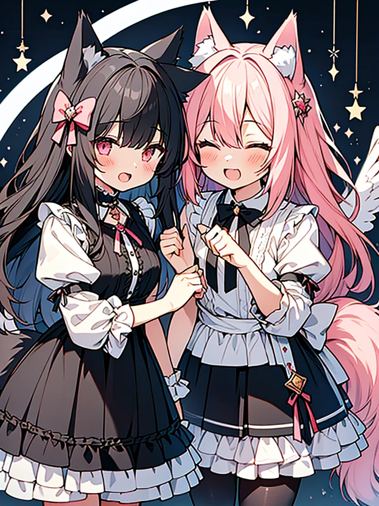 Bishojo anime style, two people, chatting, having fun, laughing, cute, waving and thanking each other for the end of the broadcast,
(1st person is a cute shota with cat ears angel, long pink hair, angel ring, angel wings, white frilly dress) / (2nd person is a cute shota with wolf ears fenrir, looks like a girl, long black hair, wolf tail, black frilly dress, gothic skirt), draw 2 different figures!