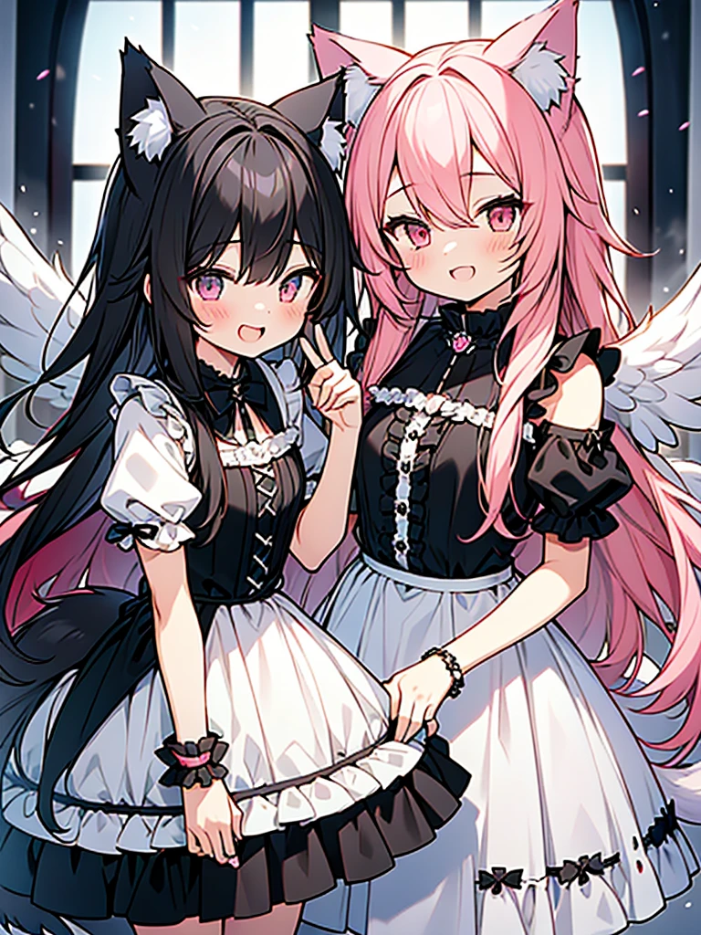 Bishojo anime style, two people, chatting, having fun, laughing, cute, waving and thanking each other for the end of the broadcast,
(1st person is a cute shota with cat ears angel, long pink hair, angel ring, angel wings, white frilly dress) / (2nd person is a cute shota with wolf ears fenrir, looks like a girl, long black hair, wolf tail, black frilly dress, gothic skirt), draw 2 different figures!