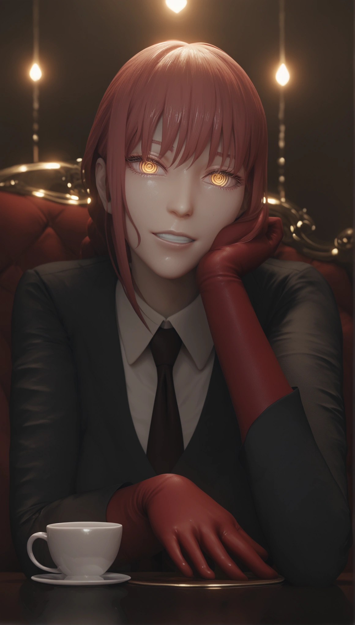 score_9, score_8_up, score_7_up, score_6_up, uncensored, Makima, maroon hair, braided ponytail, ringed eyes, yellow eyes, naughty face, shiny skin, sweating, BREAK (masterpiece:1.2), best quality, high resolution, unity 8k wallpaper, (illustration:0.8), (detailed eyes:1.3), perfect lighting, extremely detailed CG, (perfect hands, perfect anatomy), looking at viewer, hearts, pleasured, Expressiveh, clenched teeth, elbow gloves, head rest, table, cup, head rest, gloves, necktie, bokeh, spotlight,