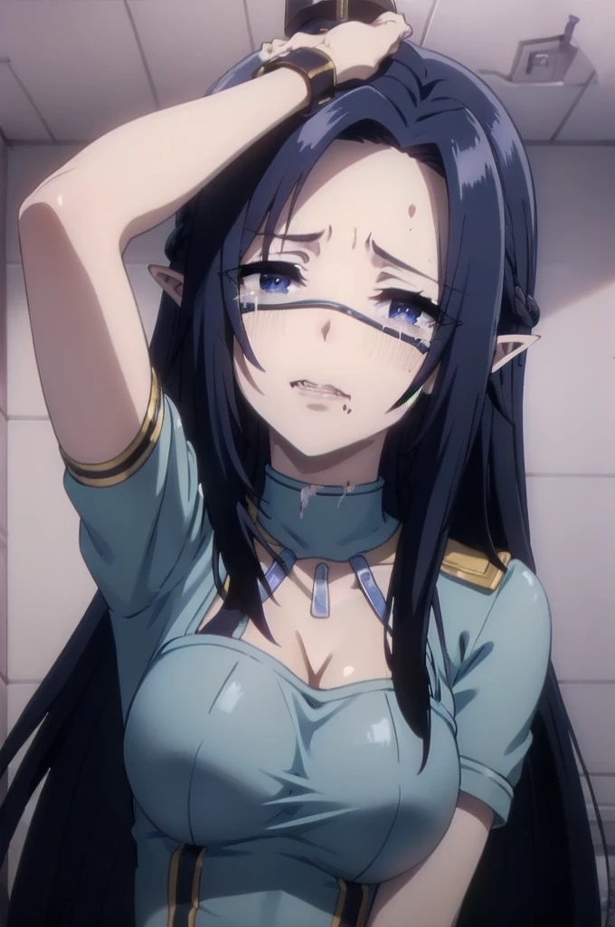 dark blue hair,,long hair,blue eyes,pointy ears,elf,, bondage, tied up, gag, vibrator, sweet, tears, cleanched teeths, blindfolld, cuffed to ceiling, arms up, abussed, bleeding