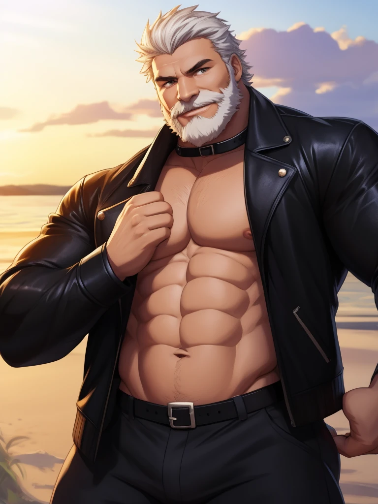 animestyle, solo, 1boy, perfect anatomy, perfect proportion. Huge Muscular Old man wearing black leather jacket, open jacket, black pants, smile, happy, view from side, pectoral, thick arms, huge pectoral, wide pectoral, short white hair, red beard and hair, simple background, masterpiece, anime:1.2, high detailed, 8k, high resolution, perfect center, full view.